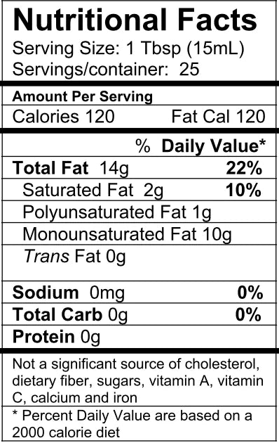 Nutritional facts label for a product with serving size, calories, and fat content details.