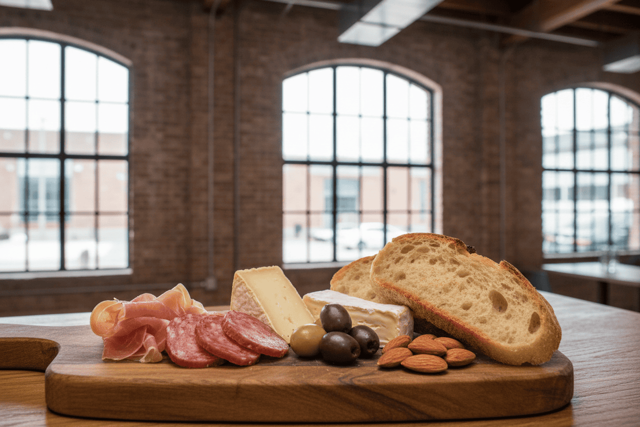 small charcuterie board with bread at ponce city market, no people in thebackground